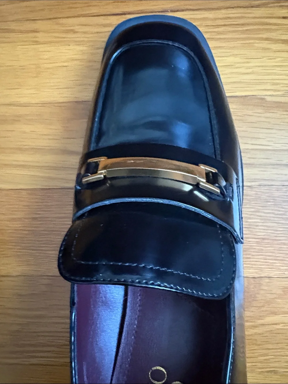 Franco Sarto Black Patent Leather Loafers with Gold Bit